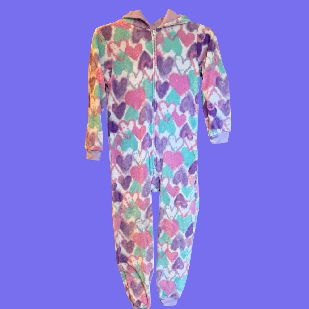 PJ Place One Piece Fleece Pastel Hearts Pajamas With Hood Girls L 10/12